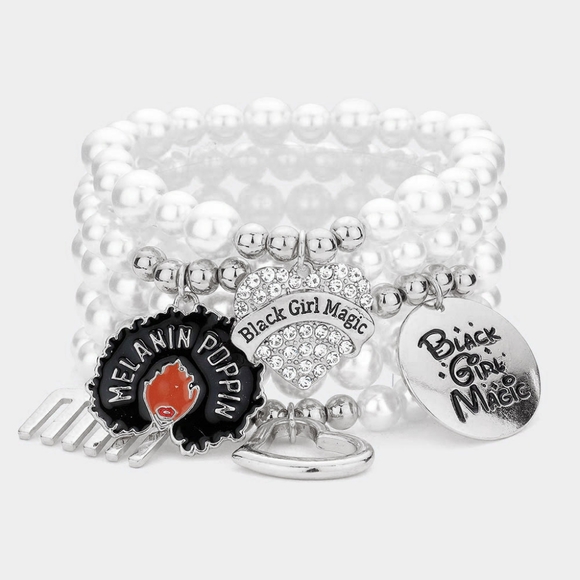 White Pearls Silver Charms Crystal BLACK GIRL MAGIC Beaded Stretch Bracelet - Picture 1 of 3